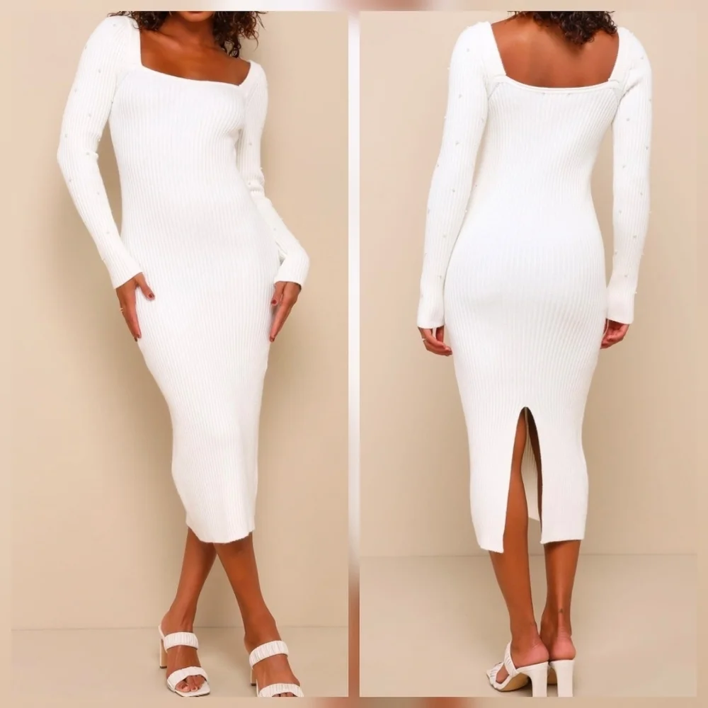 Lulus L Gleaming Babe White Ribbed Knit Pearl Midi Sweater Dress, Size Large